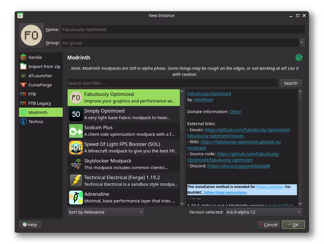 Prism Launcher download console screenshot
