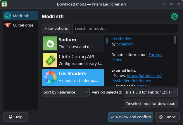Prism Launcher mod install panel