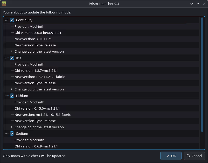 Prism Launcher Java and mod update panel