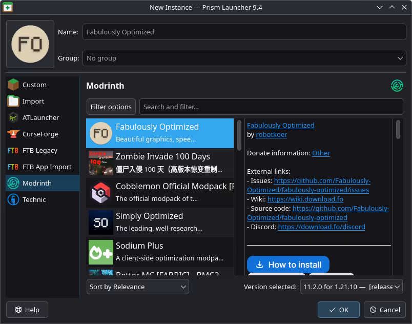 Prism Launcher modpack install dialog with CurseForge and Modrinth sources