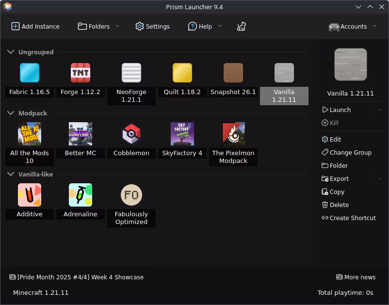 Prism Launcher themes panel