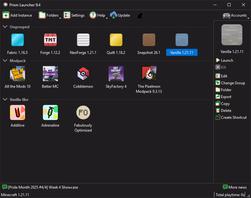 Prism Launcher main window on Windows showing instance list